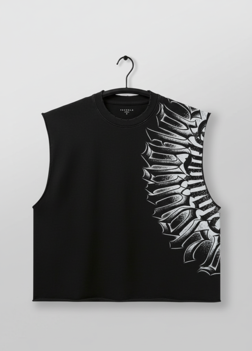 “Gothic Wing Graphic Oversized Sleeveless T-Shirt – 240 GSM French Terry Cotton”