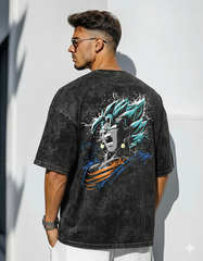 Vegito Super Saiyan Blue Oversized Box Fit T-Shirt – 240GSM Heavy Cotton (Black / Black Acid Wash)